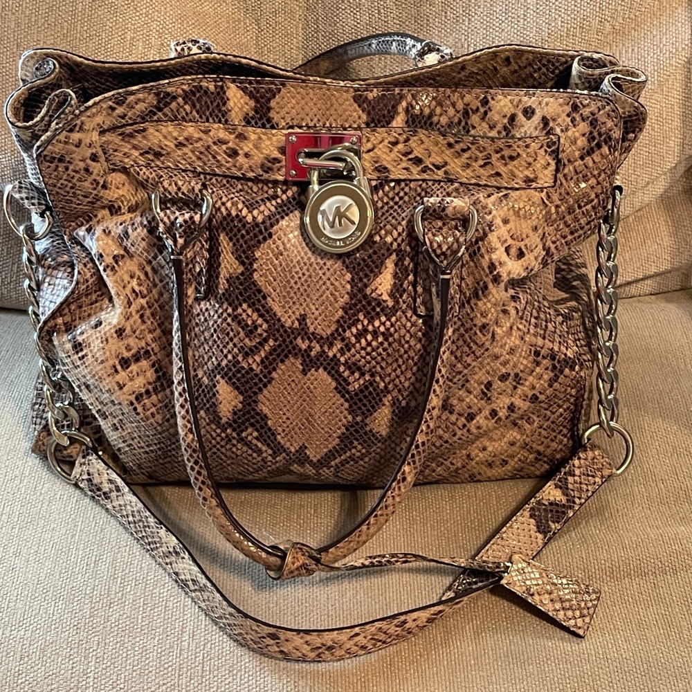 Michael Kors Hamilton Snakeskin Embossed Leather Satchel Bag Silver Hardware